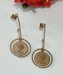 Stainless Steel Gold/Rosegold Plated Queen Elizabeth Portrait Coin Drop Hanging Earring- STNER 2590