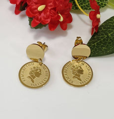 Stainless Steel Gold/Rosegold Plated Queen Elizabeth Portrait Coin Drop Earring- STNER 2591