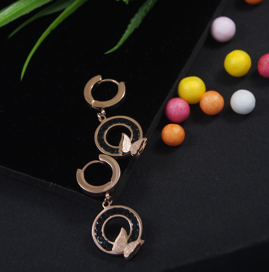 Stainless Steel Rosegold Plated Butterfly On Circle Hoops Earring-STNER 2934
