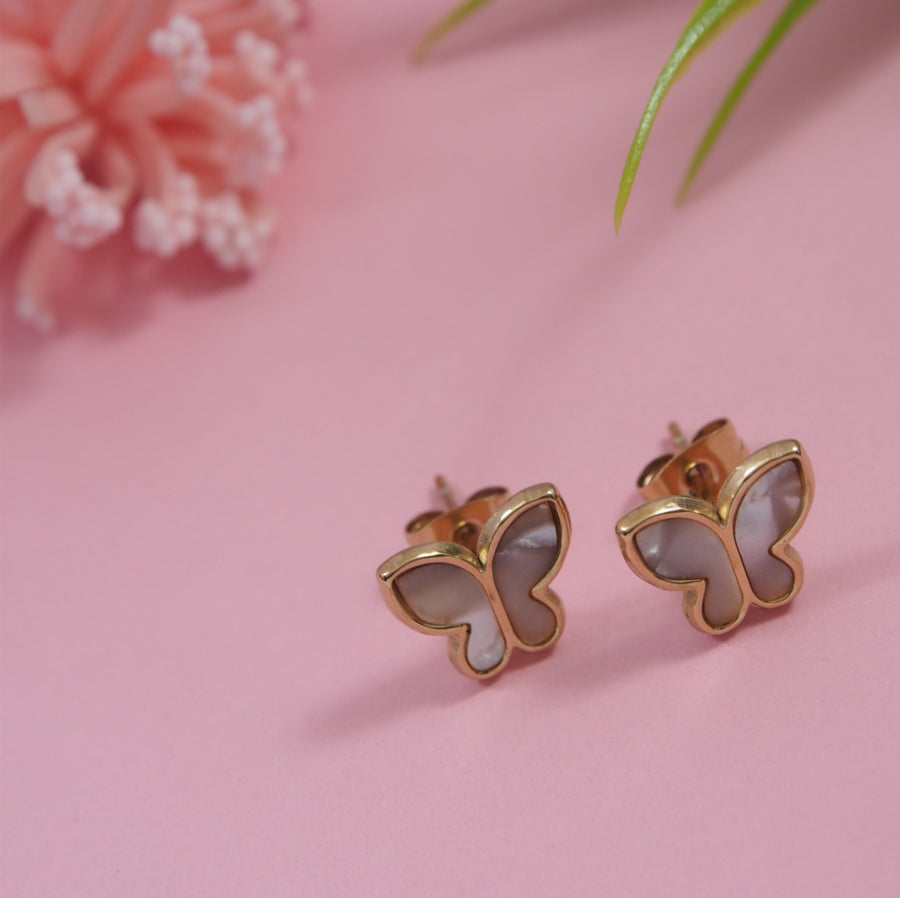 Stainless Steel Rosegold Plated Black and White Pearl Butterfly Stud Earring