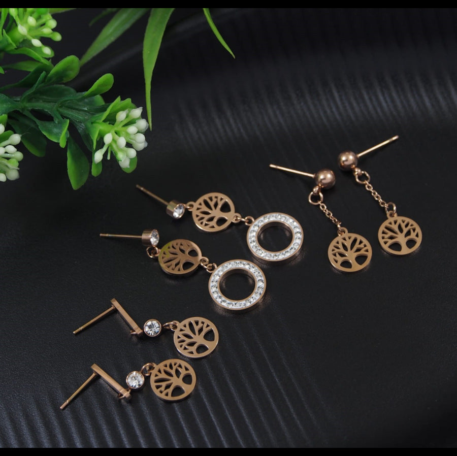 Stainless Steel Gold/Rosegold Plated Three Pair Floral Dangle Earring