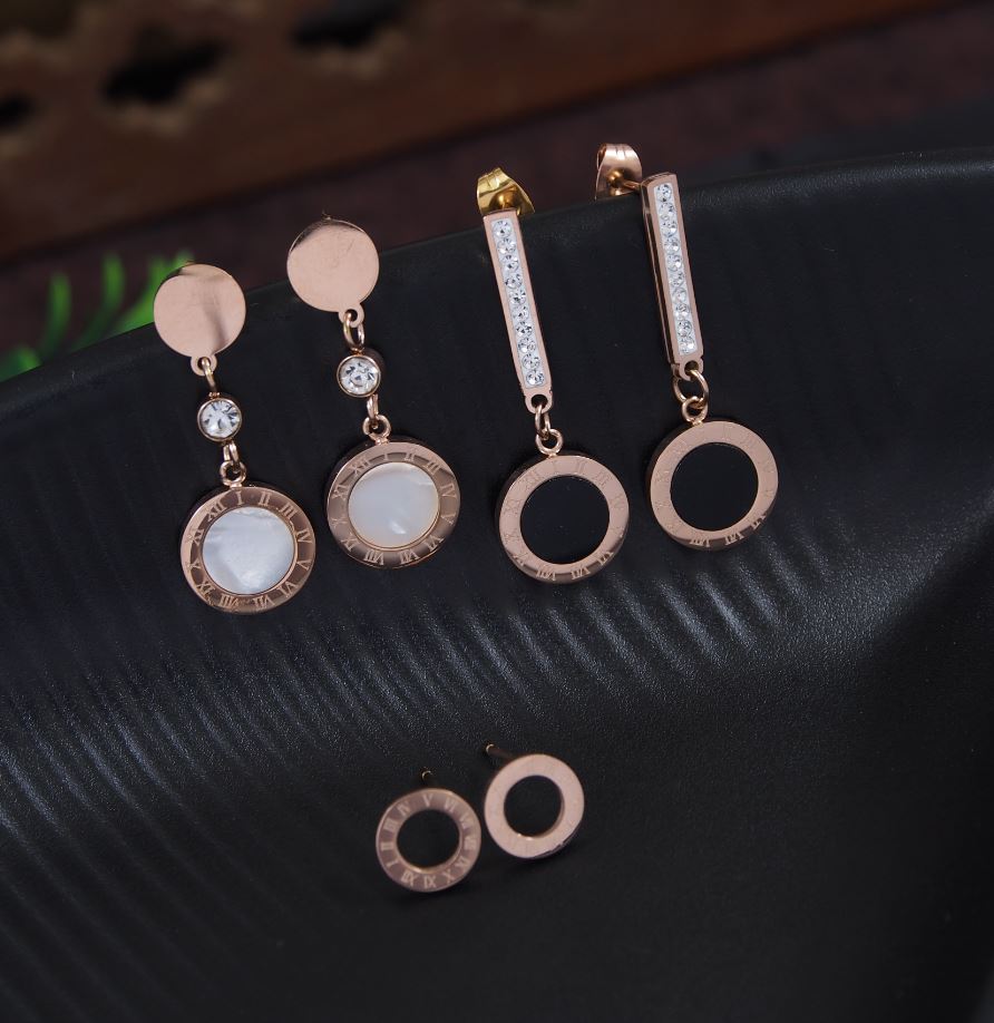 Stainless Steel Gold/Rosegold Plated Three Pair Roman Numerals Dangle &amp; Stud Earring