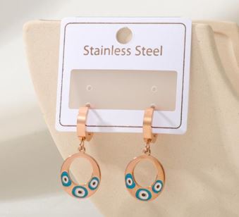 Stainless Steel Gold/Rosegold Plated Oval Shape Evil Eye Hoops Earring- STNER 4934