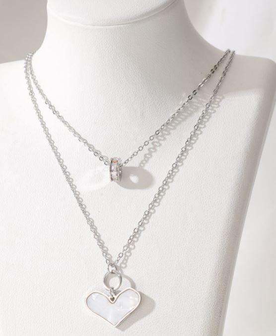 Stainless Steel White Shell Heart Layer Nacklace - STNK 5043