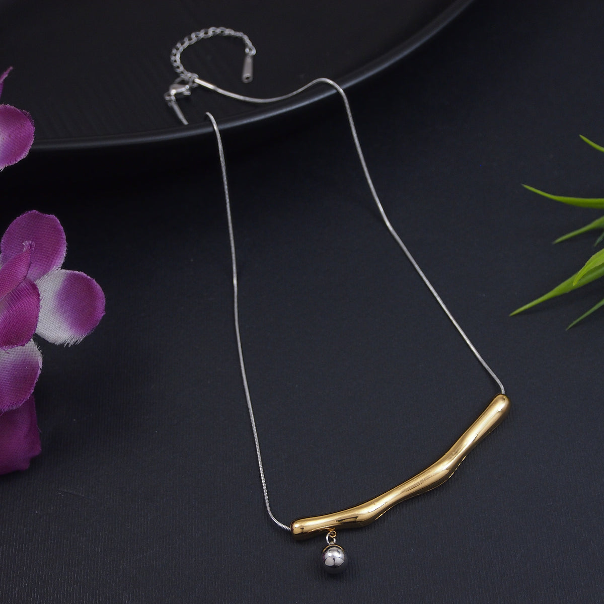 Dual Tone Sphere Bar Stainless Steel Necklace (PACK OF 6)