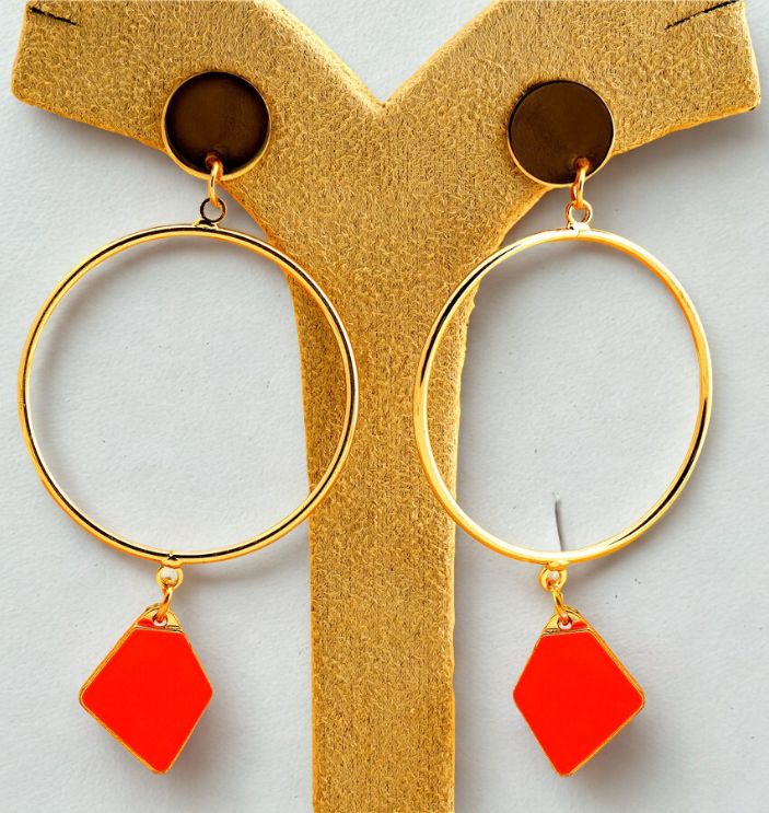 Gold Plated Circular Orange Geometrical Shaped Drop Earring