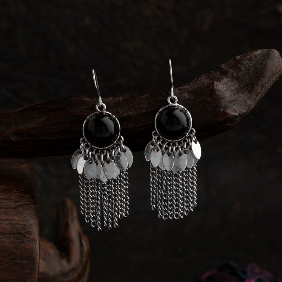 Silver Plated Stone Studded With Hanging Chain &amp; Charms Fashion Western Earring