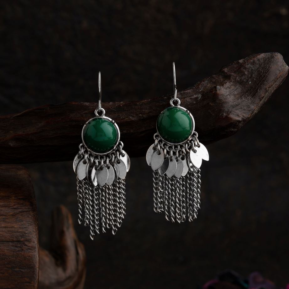 Silver Plated Stone Studded With Hanging Chain &amp; Charms Fashion Western Earring-WER 1555