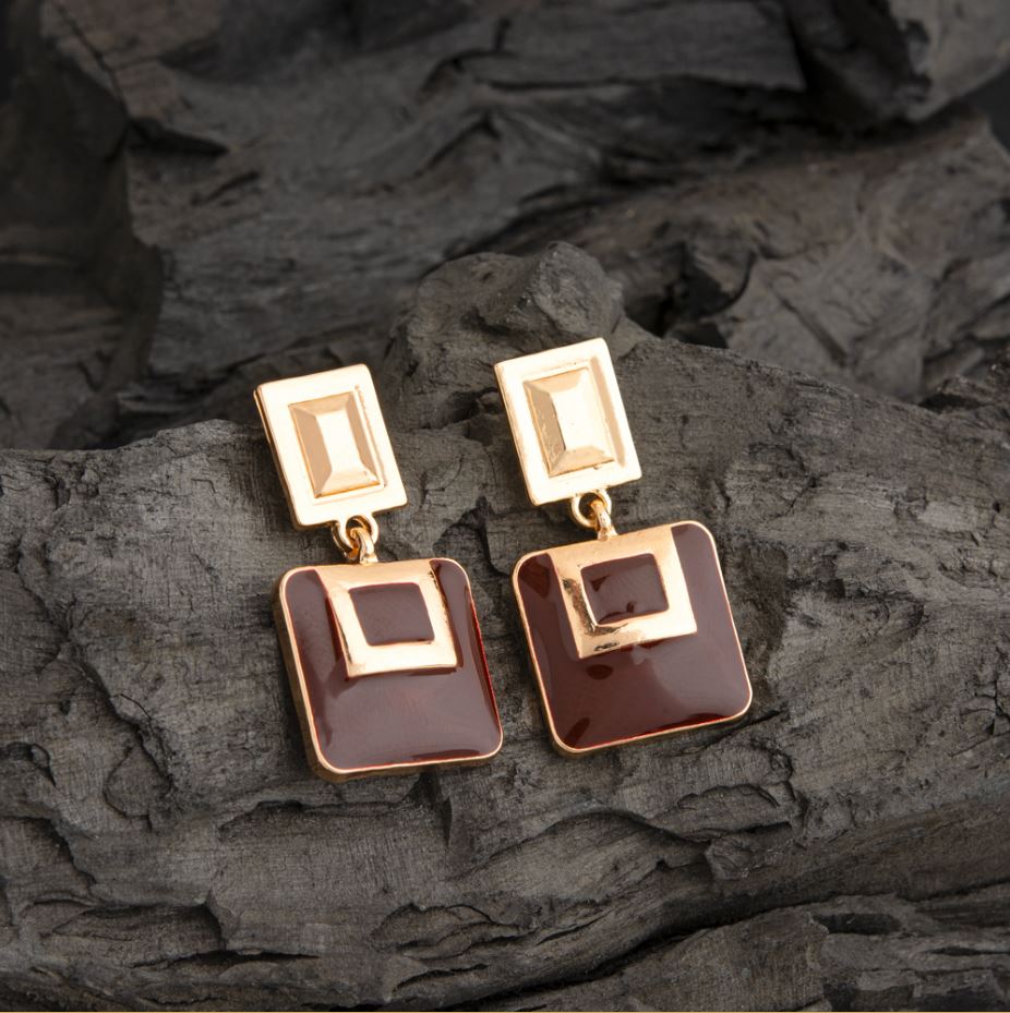 Gold Plated Geometric Shaped Enamel Artwork Designed Fashion Western Earring