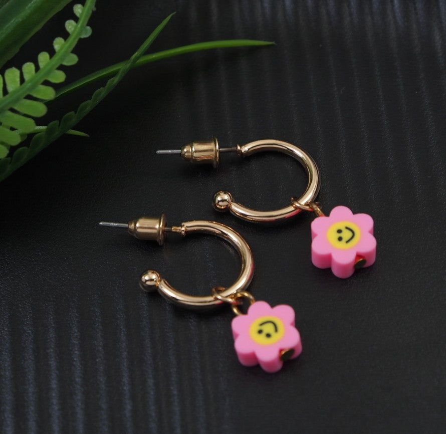 Gold Plated Floral Smiley Hoops Earring- HER 3229