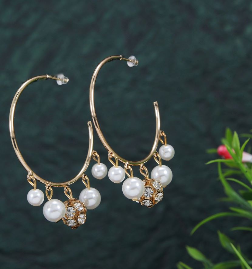 Gold /Silver Plated Hanging White Beads Hoops Earring- HER 3385