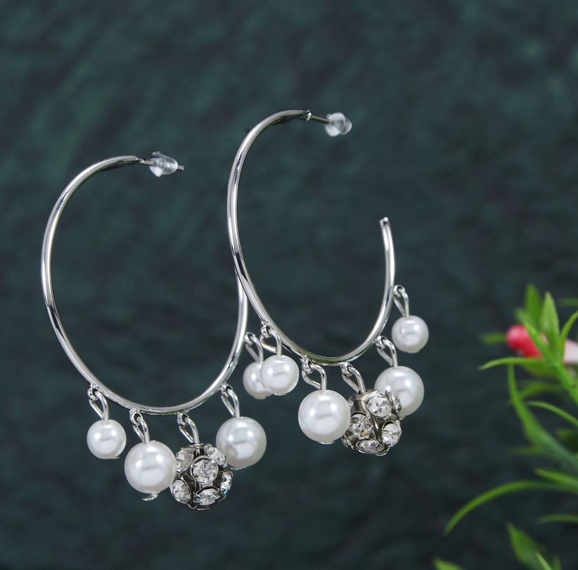 Gold /Silver Plated Hanging White Beads Hoops Earring- HER 3385
