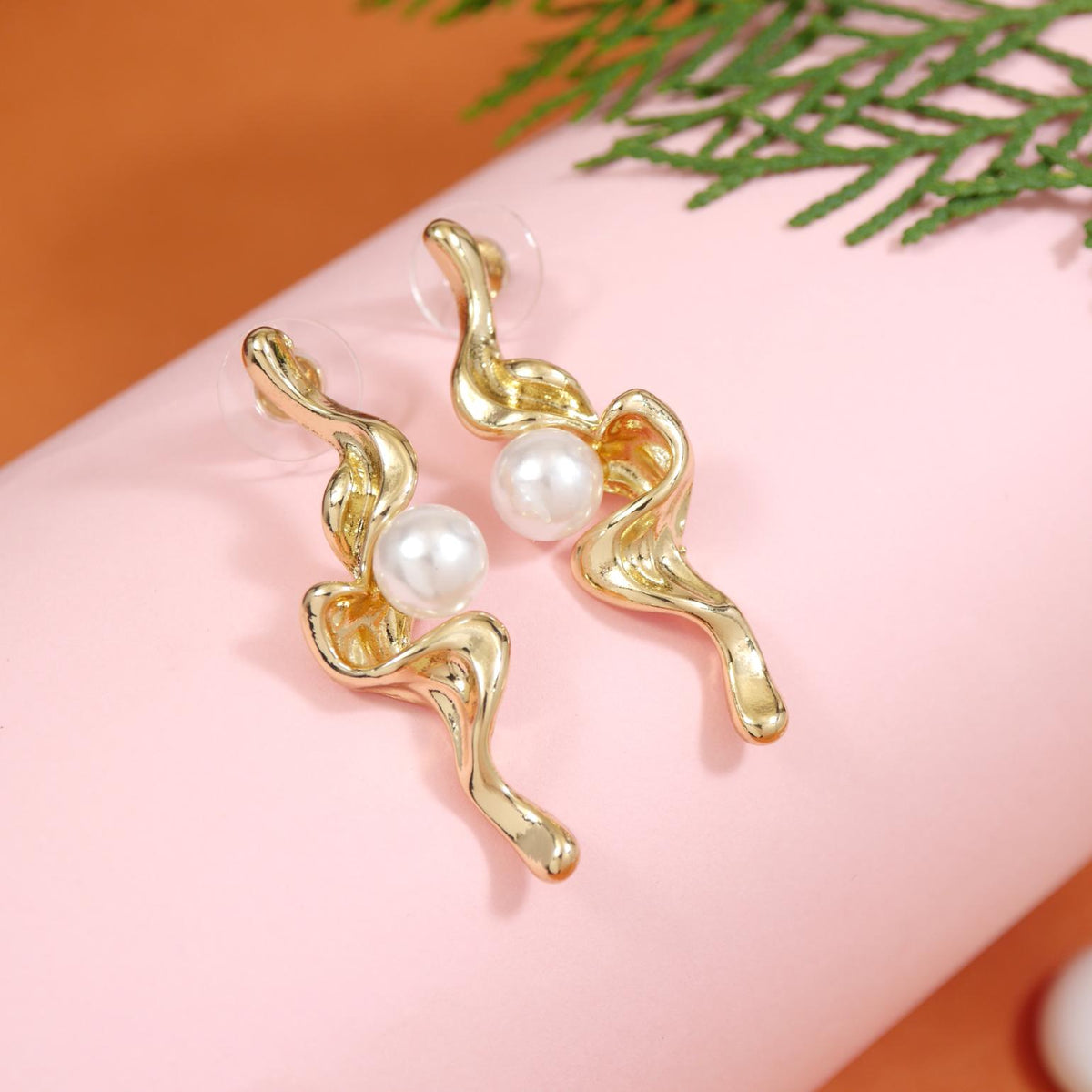 Wavy Pearl Gold Plated Western Earring