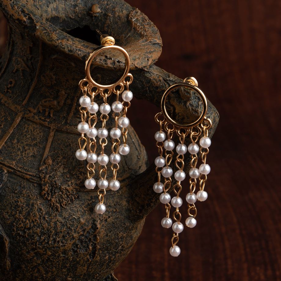 Gold Plated Circle Shaped With Hanging Pearl Beads Drop Earring-PER 1422