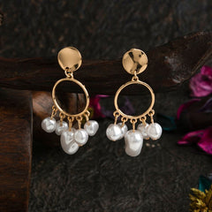 Gold Plated Small Circle Shaped With Hanging Pearl Charms Drop Earring-PER 1456