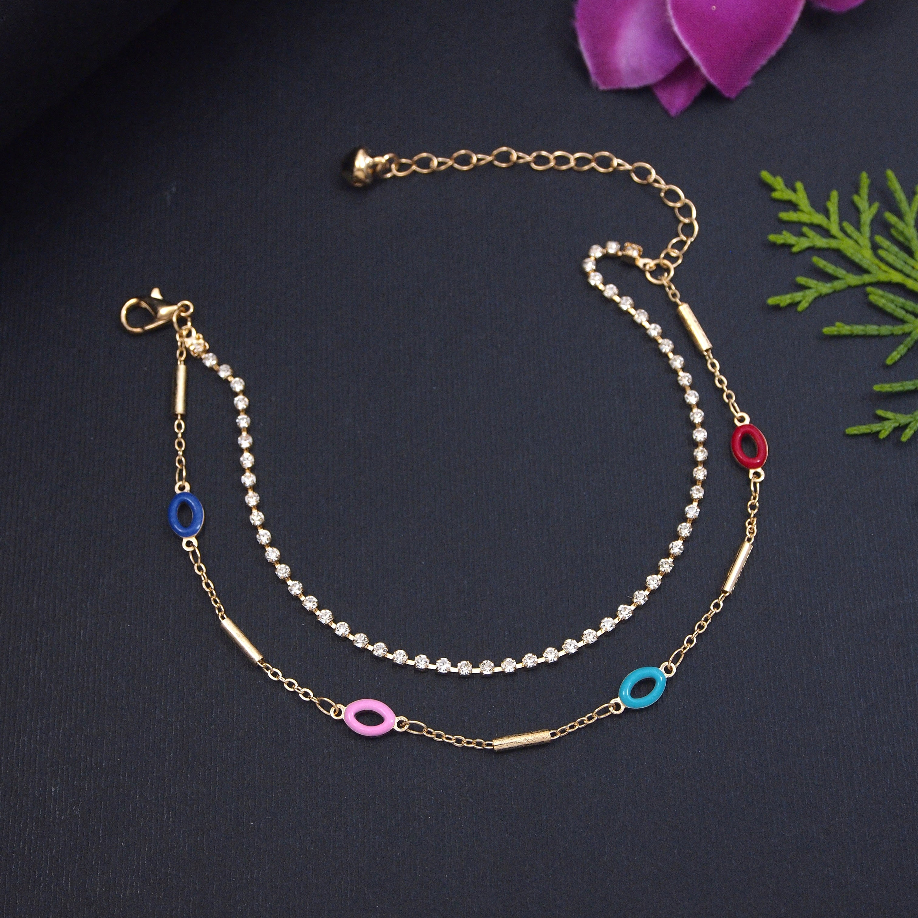 Gold  Plated double leyard colourfull anklet ( pack of 6 )