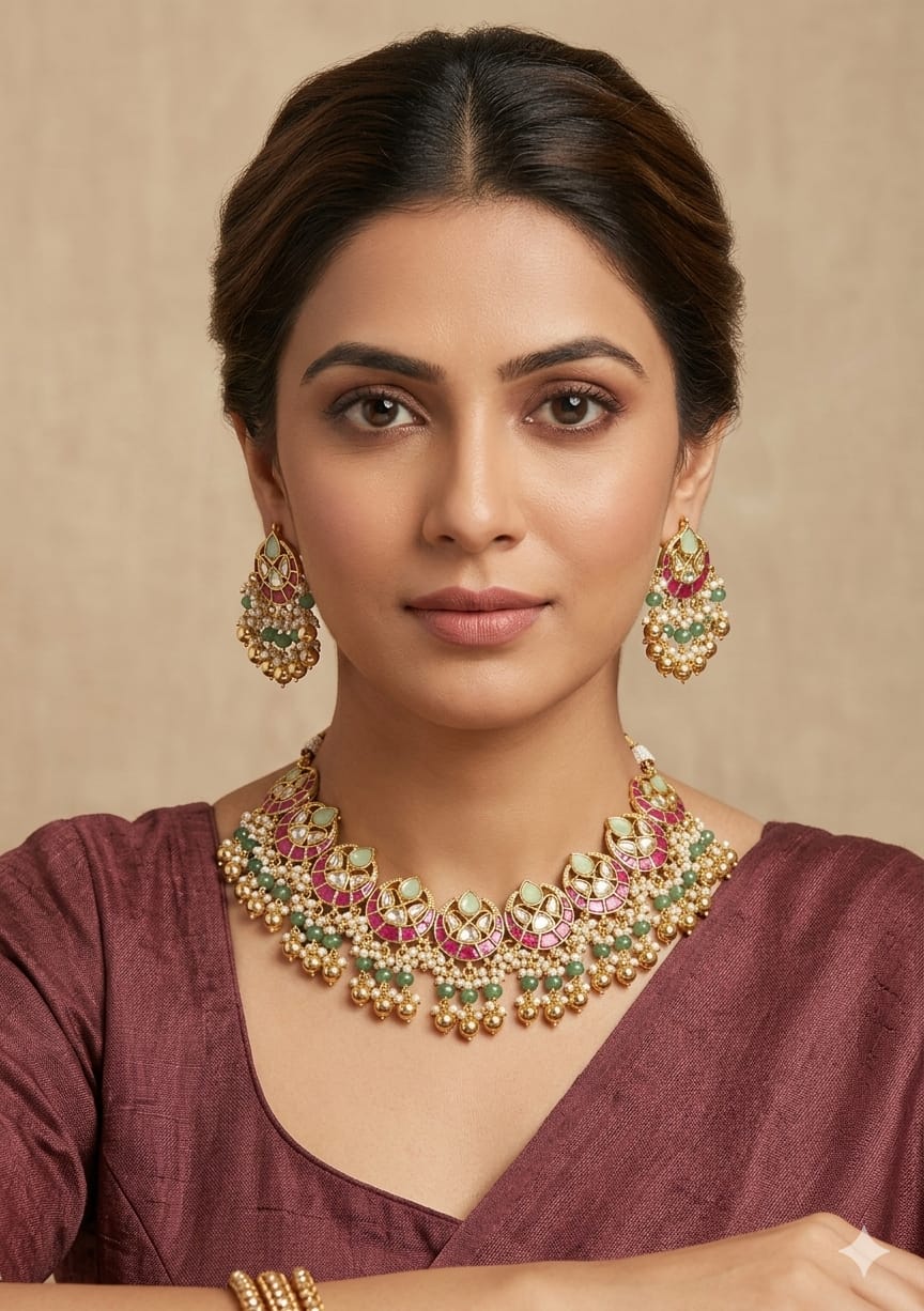 Real PEARL KUNDAN PACHE Necklace Set - Antique Necklace Set