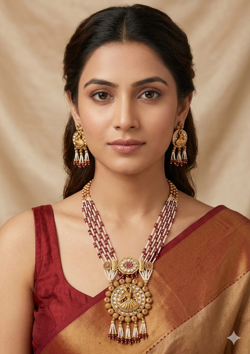 Real PEARL KUNDAN PACHE Necklace Set - Antique Necklace Set