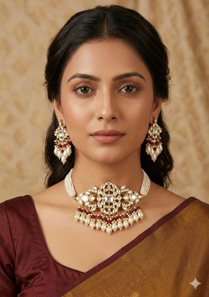 Real PEARL KUNDAN PACHE Necklace Set - Antique Necklace Set