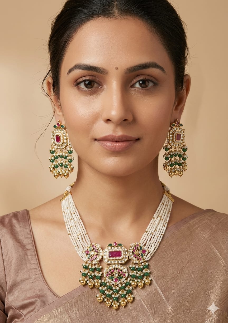 Real PEARL KUNDAN PACHE Necklace Set - Antique Necklace Set
