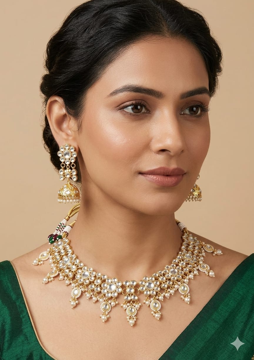 Real PEARL KUNDAN PACHE Necklace Set - Antique Necklace Set