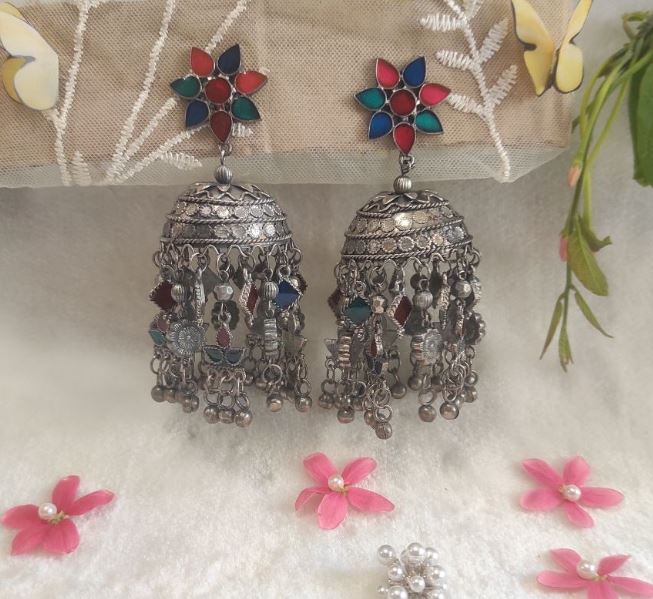 Oxidised Silver Plated handmade Enamal Multi-color  Dome Shaped Jhumka Earrings-OXDER 1745